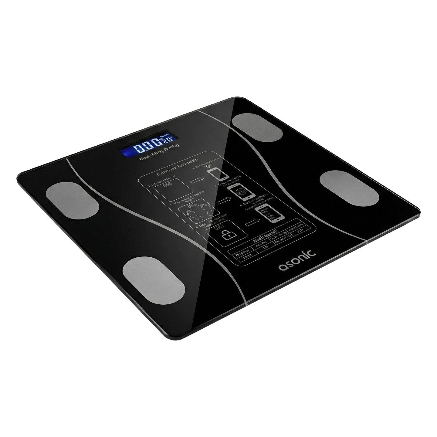 Asonic BS260 Siyah 260*260Mm - 2*AAA Pil Hediyeli Dijital Bluetooth Baskül - 42198