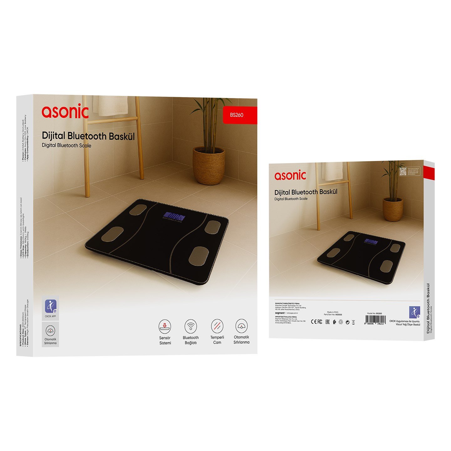 Asonic BS260 Siyah 260*260Mm - 2*AAA Pil Hediyeli Dijital Bluetooth Baskül - 42198