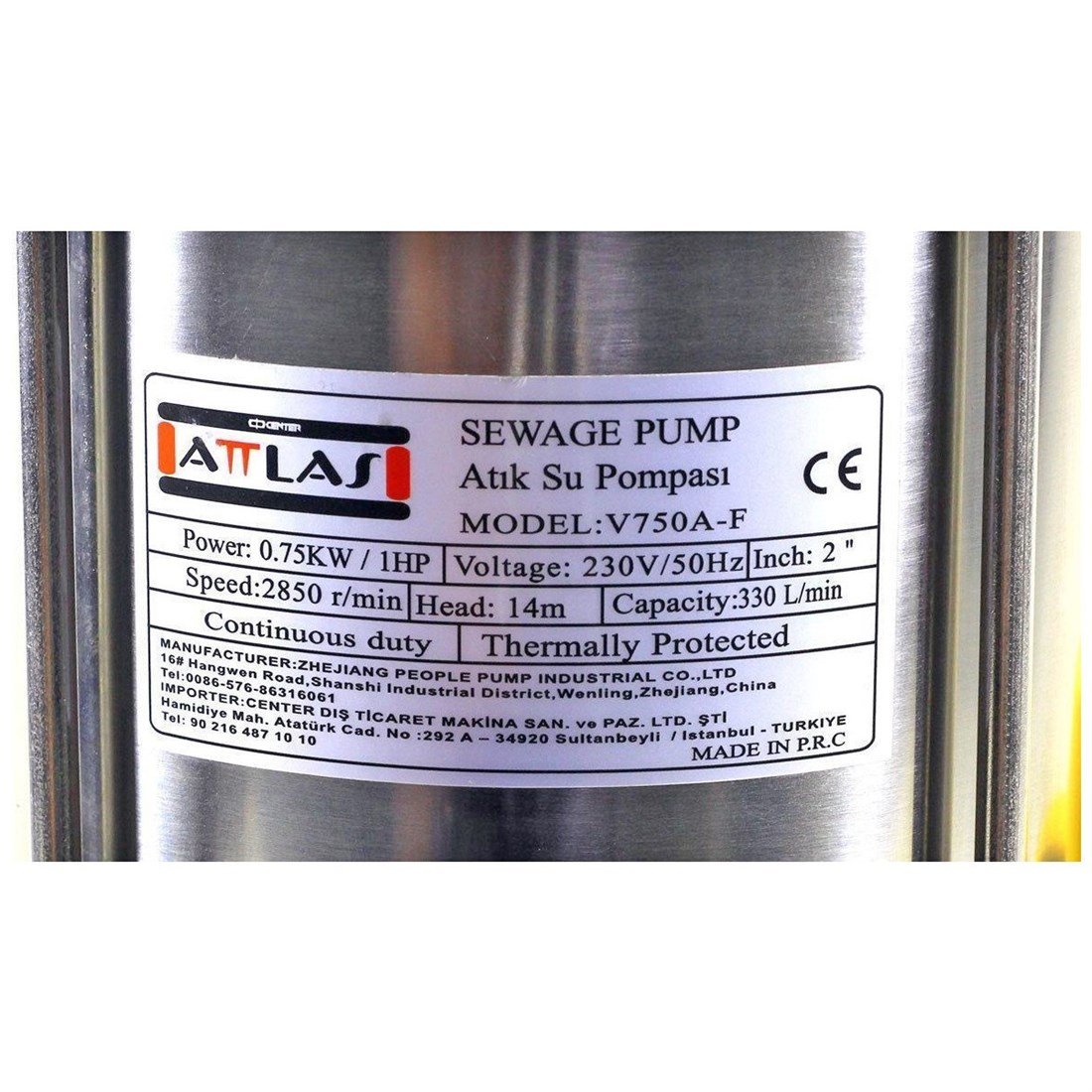 Attlas V750A-F Döküm Gövdeli Atık Su Pompası 1 HP - A0801006