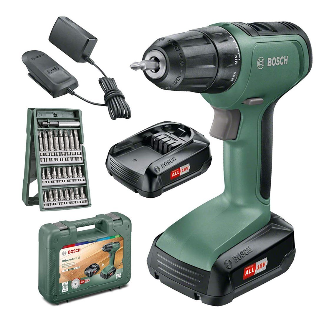 Bosch Çift Akülü Delme Vidalama 18 Volt 1,5 Ah+Bosch X-Line Mini 25 Parça Set