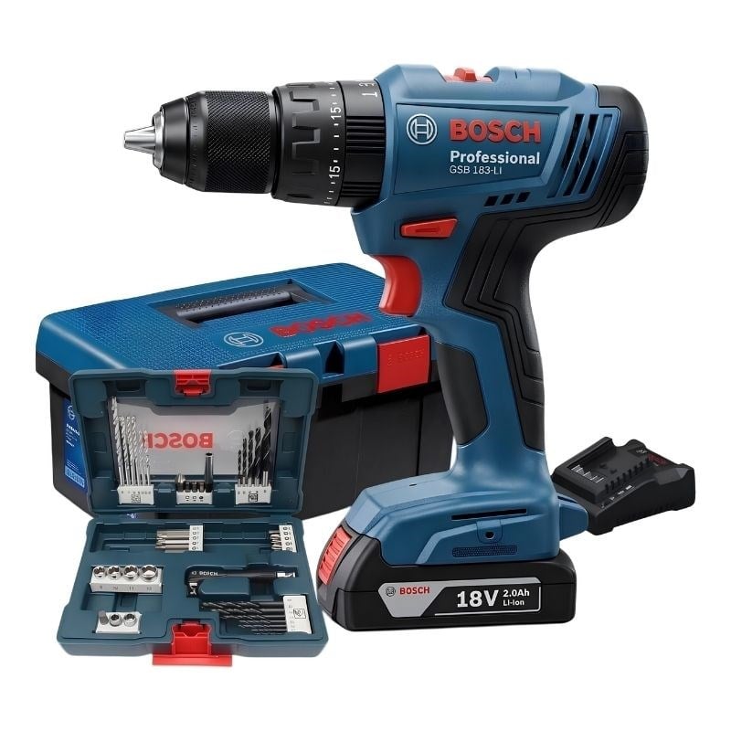 Bosch Gsb 183-LI 2.0 Ah Tek Akülü Darbeli Matkap- 41 Parça Aksesuar Setli - Takım Çantalı - 06019K91K3