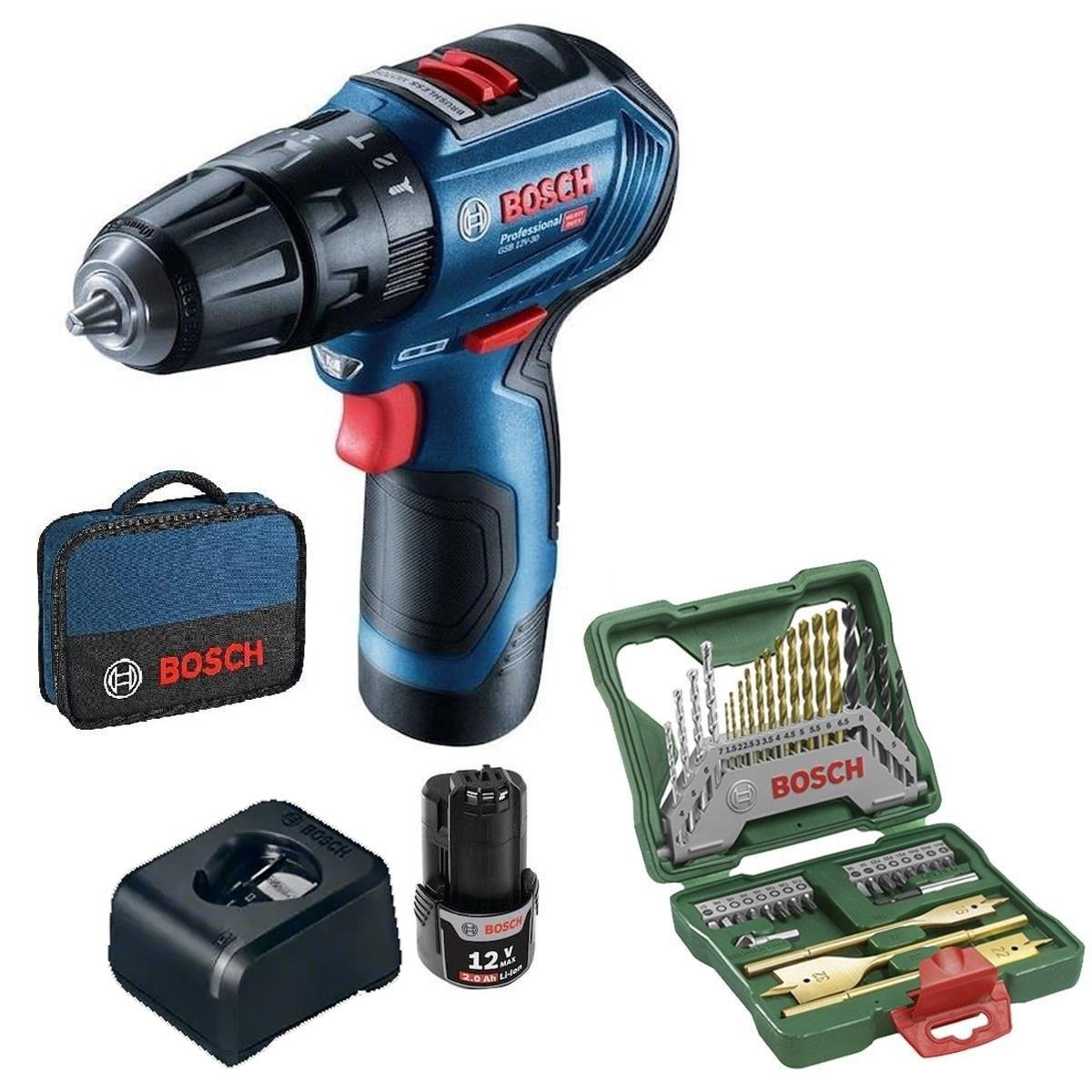 Bosch Professional Gsb 12V-30 Çift Akülü Darbeli Vidalama Makinesi (Kömürsüz Motor) - 06019G9104 + X-Line 40 Parça Aksesuar Seti