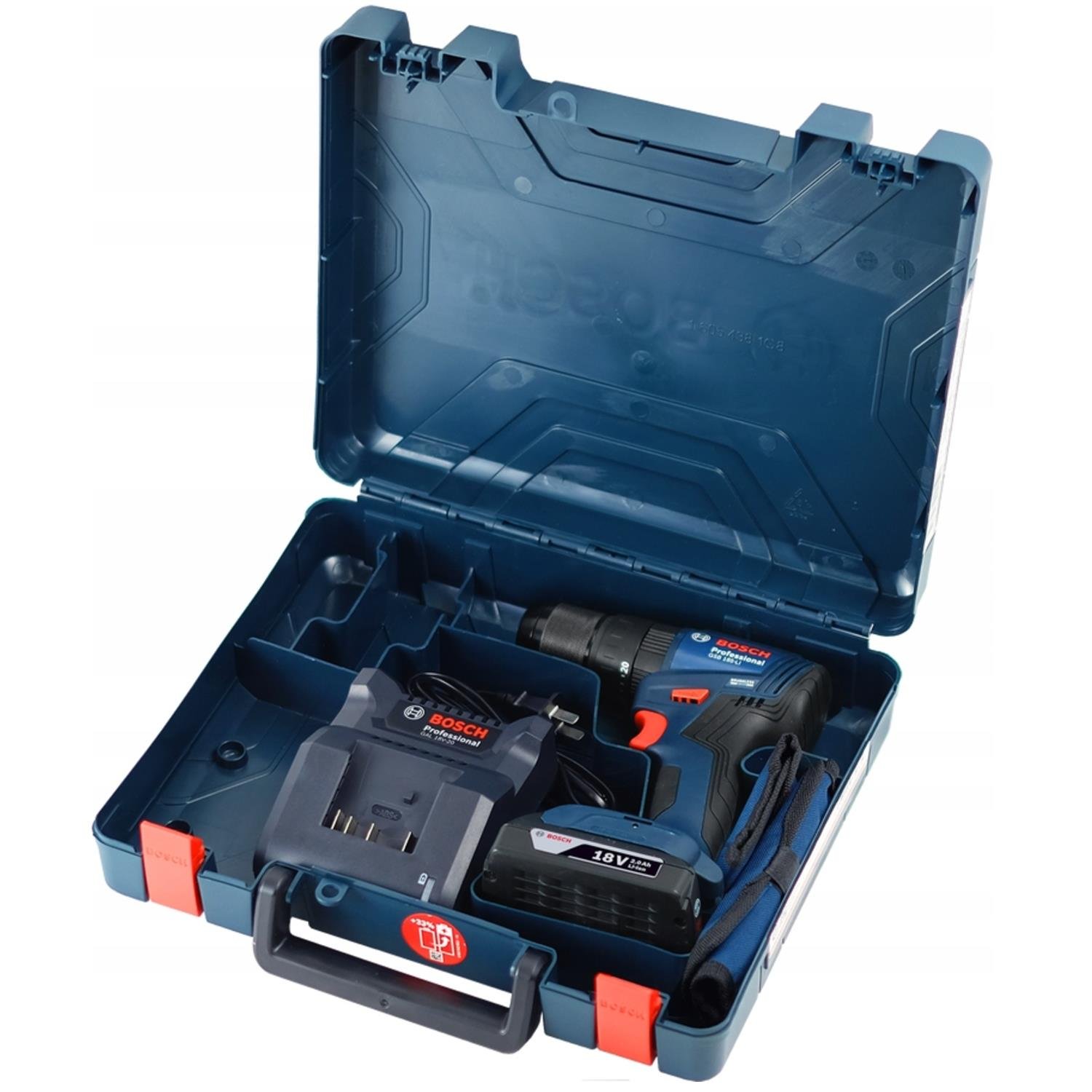 Bosch Professional GSB 185-LI Tek Akülü 2.0 Ah Kömürsüz Motor Darbeli Vidalama + 23 Parça Aksesuar Seti - 06019K3102