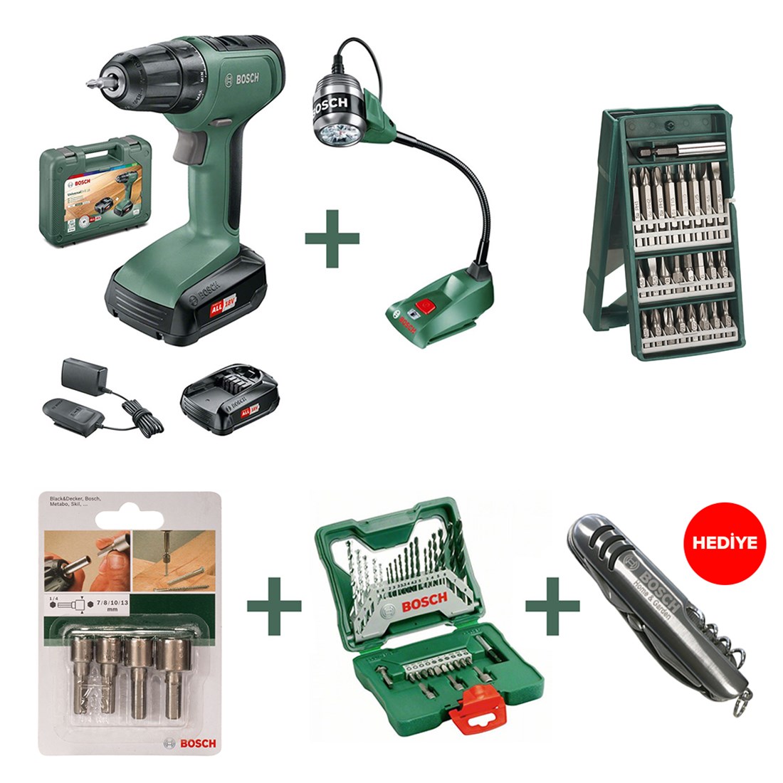 Bosch UniversalDrill 18 - 1,5 Ah Çift  Akülü Vidalama Makinesi  + Masa Lambaı + Uç Setleri