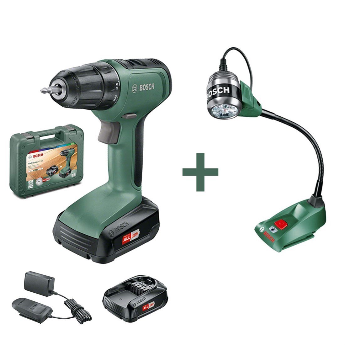 Bosch UniversalDrill 18 - 1,5 Ah Çift  Akülü Vidalama Makinesi  + Masa Lambaı + Uç Setleri