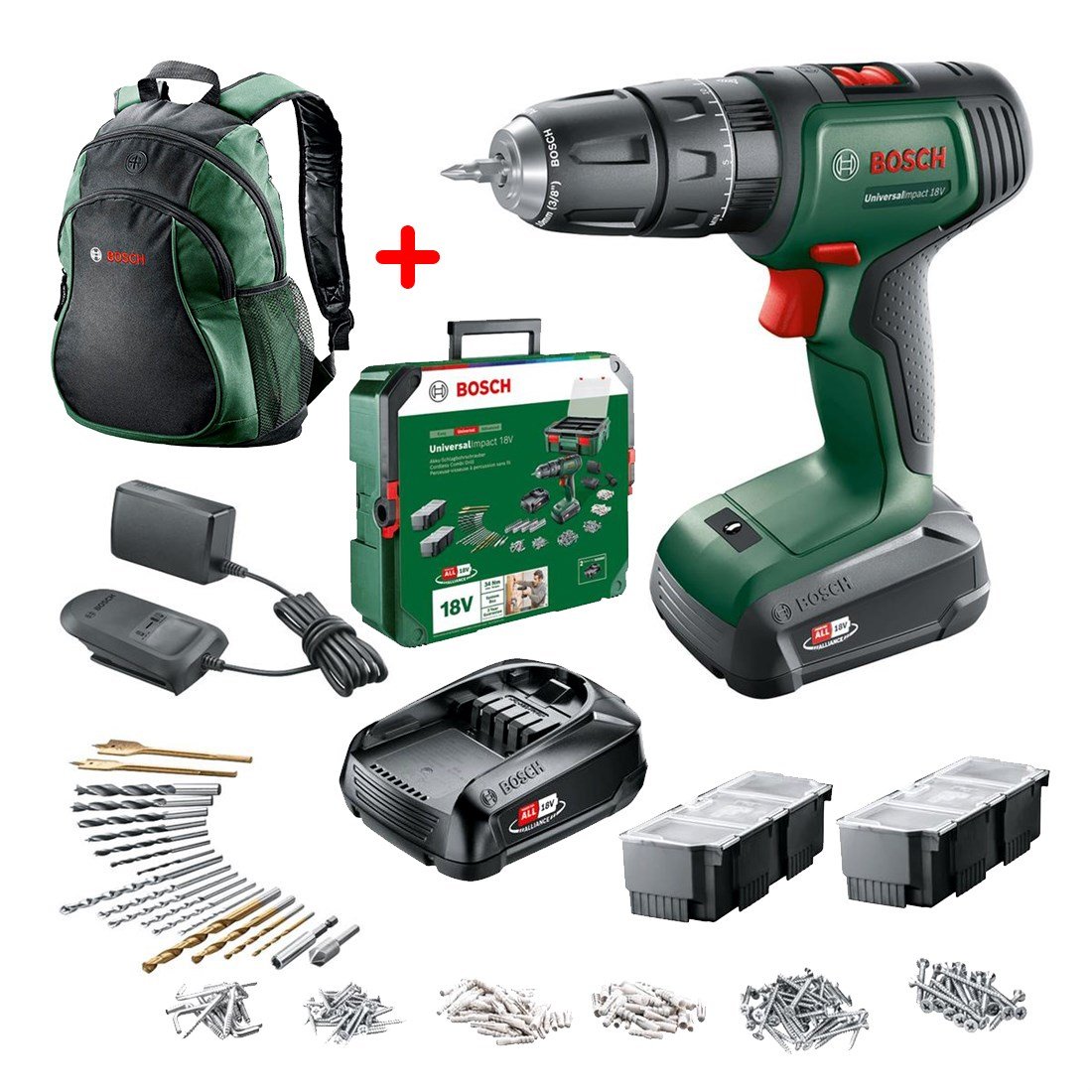 Bosch UniversalImpact 18V Akülü Darbeli Matkap (1,5Ah, Çift Akü) SBX + 241 Aksesuar Setli - 06039D4103 + Bosch Yeşil Sırt Çantası