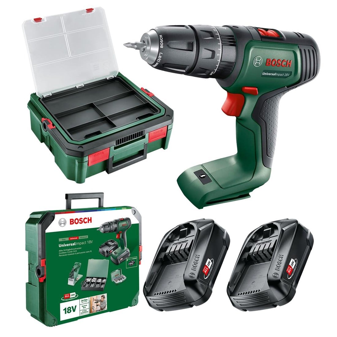 Bosch UniversalImpact 18V Akülü Matkap + SystemBox (1,5Ah, Çift Akü) - 0 603 9D4 107