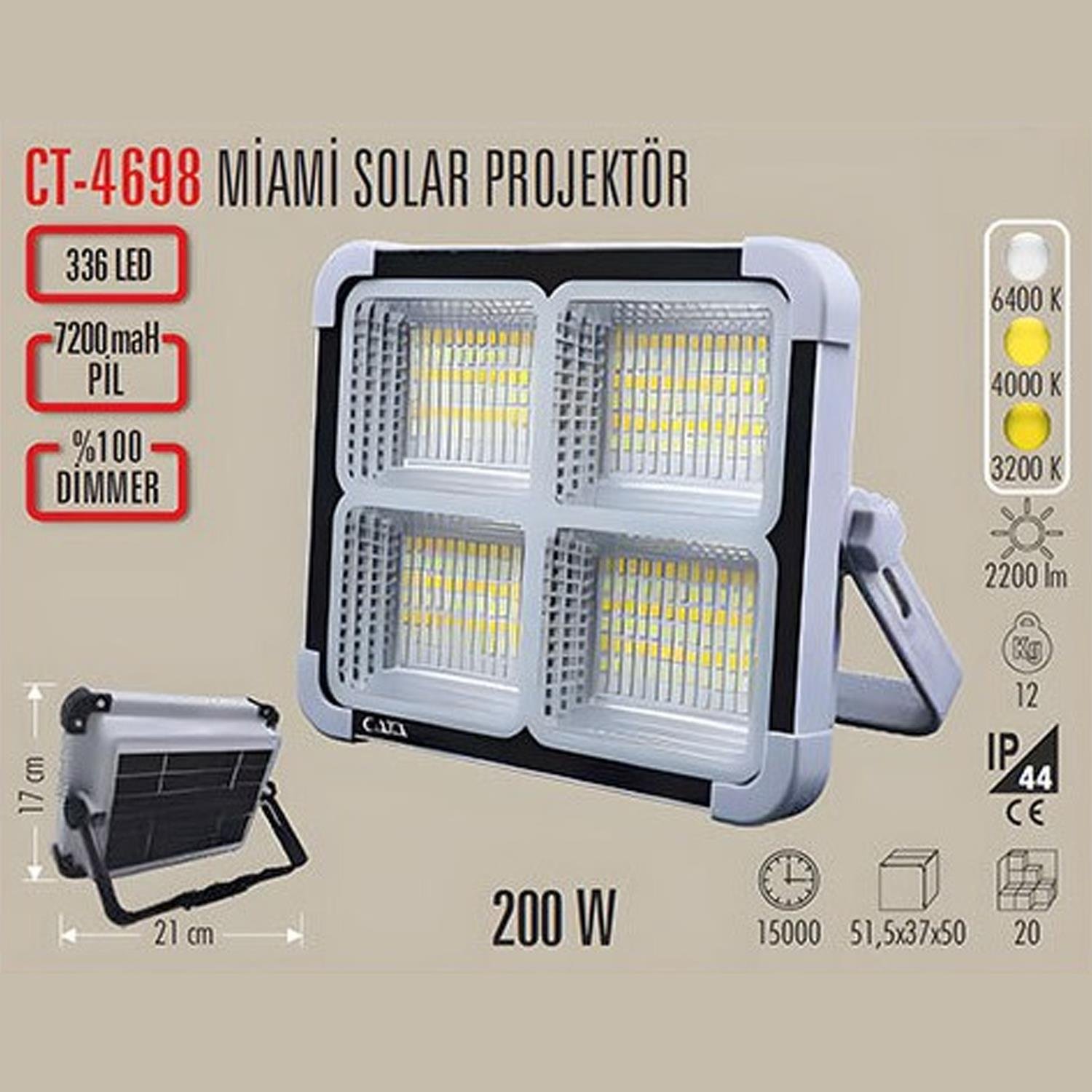 Cata Ct-4698 Led Projektör Solar Taşınabilir 200w