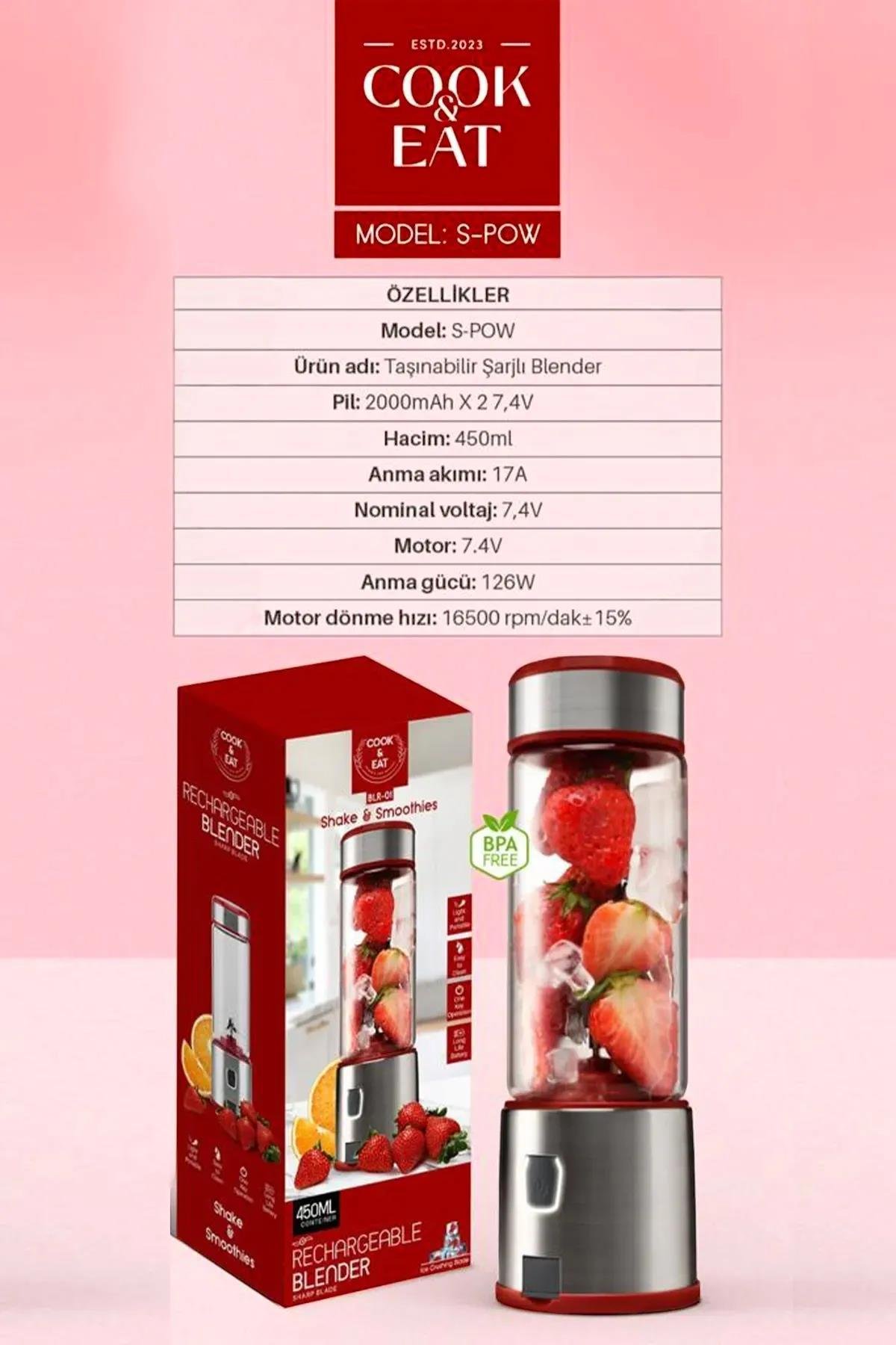 Cook Eat S-Pow Şarjlı 450 ml Paslanmaz Blender