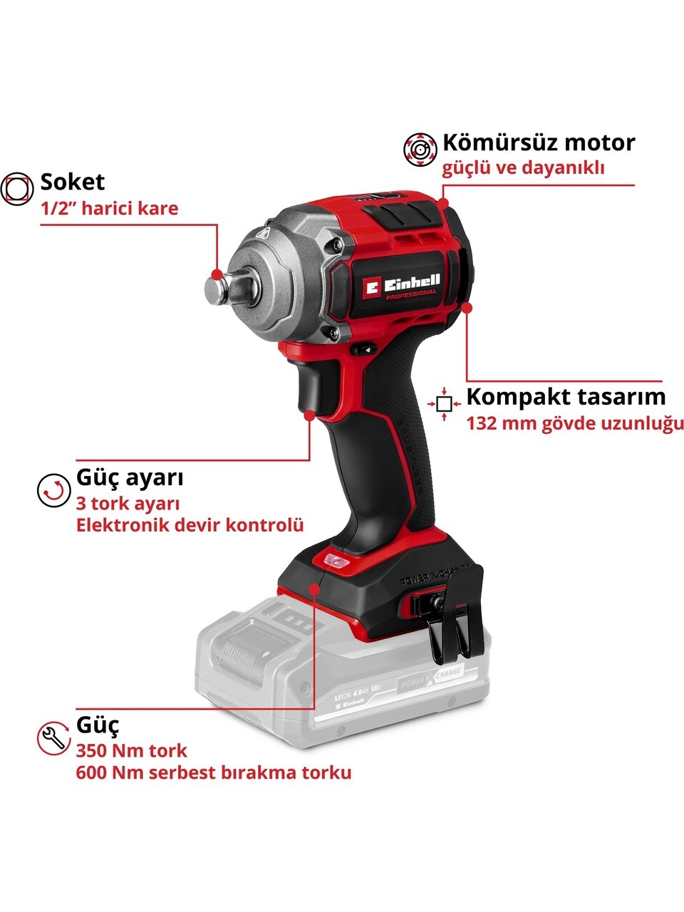 Einhell Professional TP-CW 18/350-C Li BL - Solo Kömürsüz Akülü Darbeli Somun Sıkma - 4510055