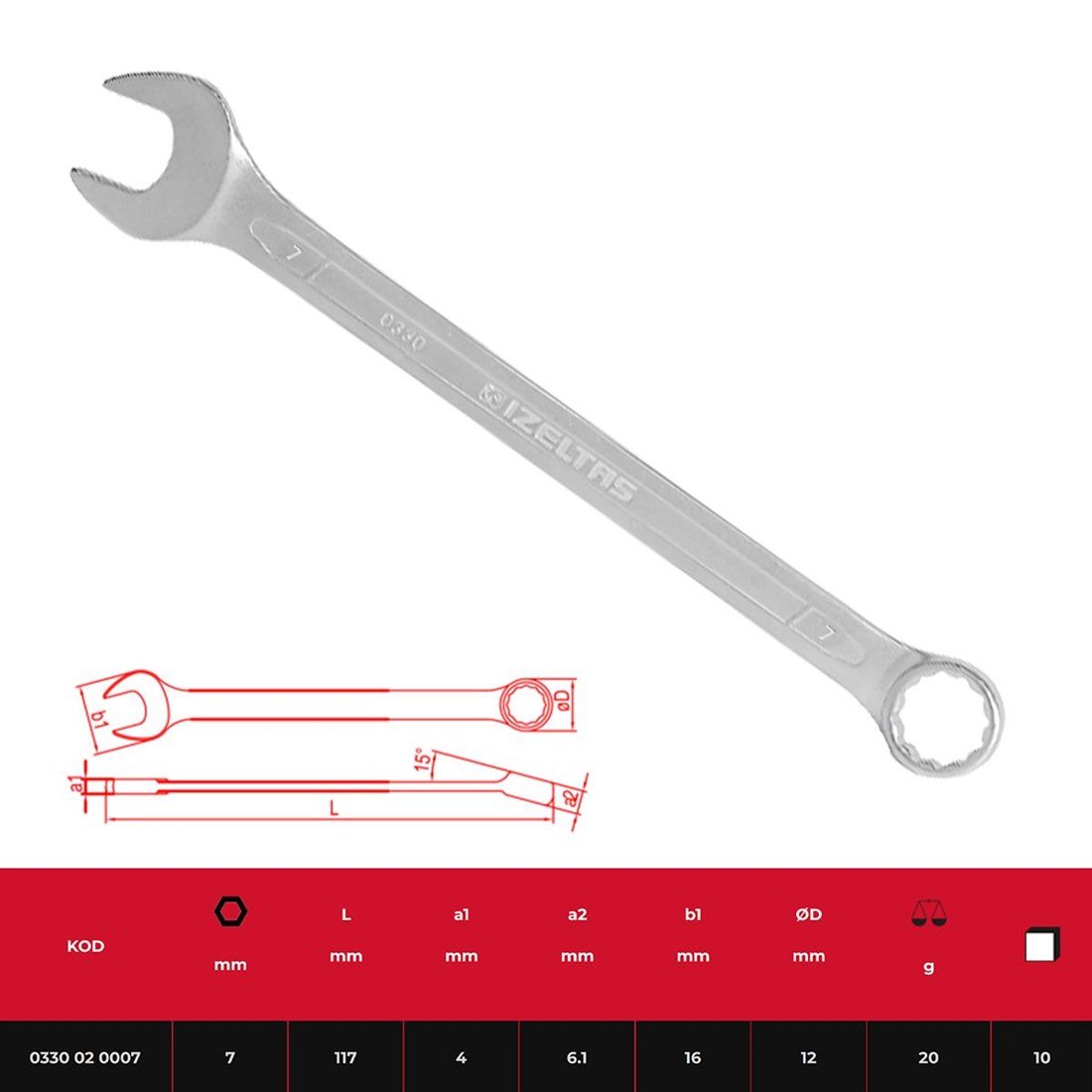 İzeltaş 7mm Kombine Anahtar Uzun Boy - 0330020007