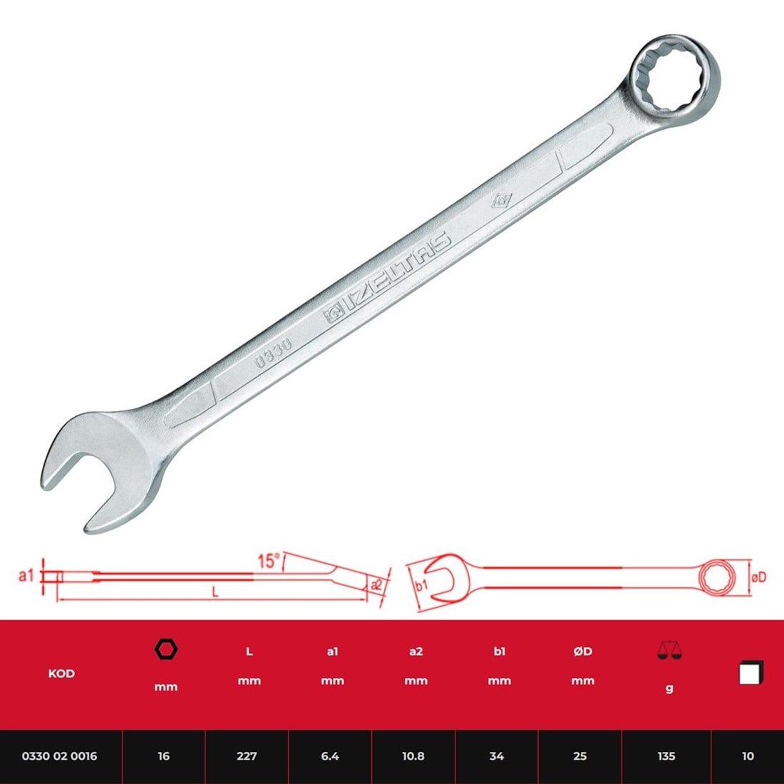İzeltaş Kombine Anahtar Uzun Boy 16 mm 0330020016