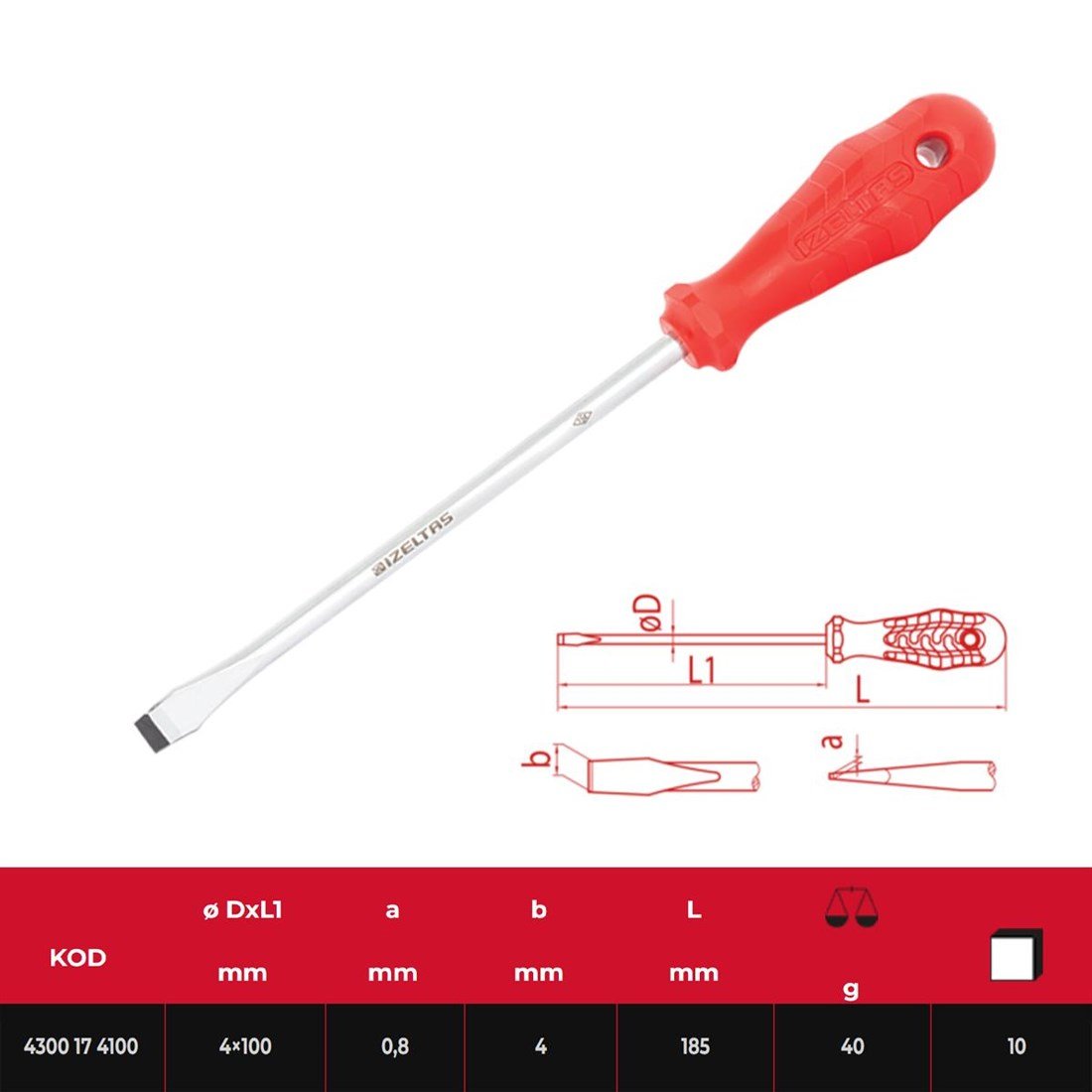 İzeltaş Opak Seri Düz Uçlu Tornavida 4*100 - 4300174100