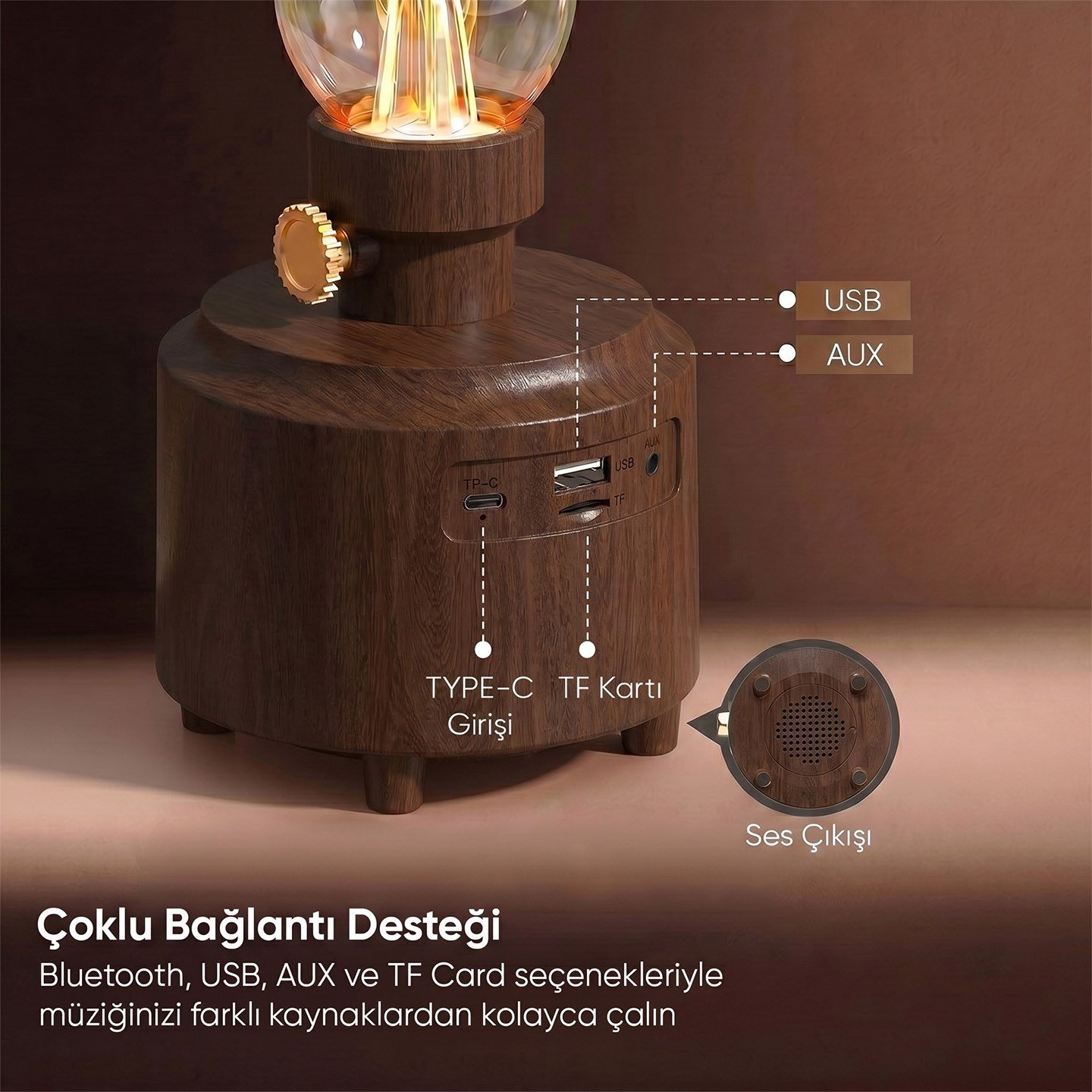 Mikado MD-1 Luxound 5W Kahverengi BT Nostalji Lambalı Retro Speaker - 43385