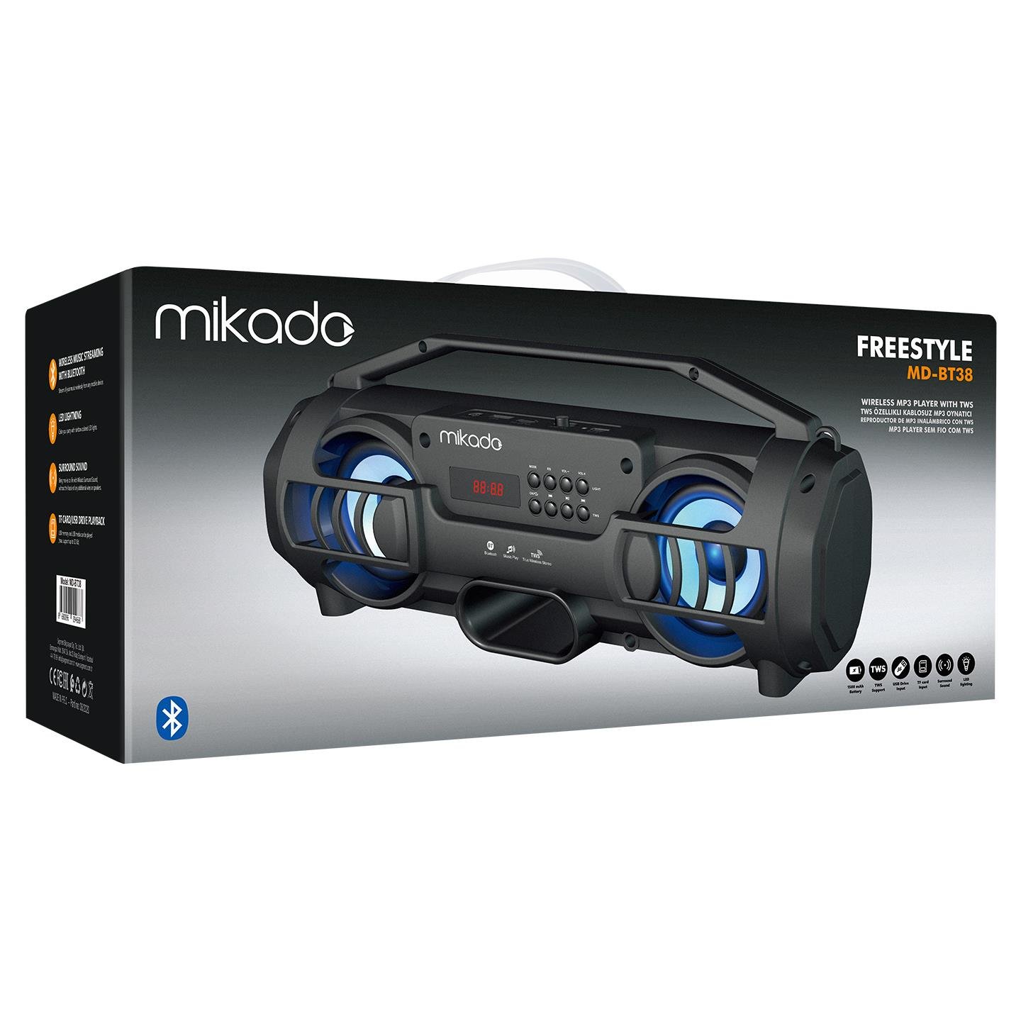 Mikado MD-BT38 Freestyle Siyah Işıklı BT/TF/USB/AUX/TWS Kablosuz MP3 Oynatıcı Hoparlör - 34022
