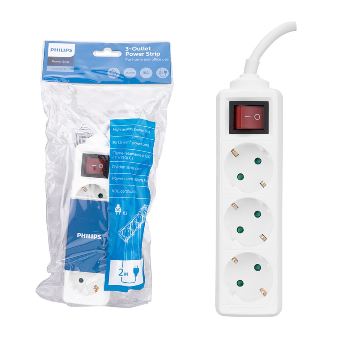 Philips SPS1030A/51 Tam Bakır Kablolu 3'Lü Çocuk Korumalı Beyaz Priz Çoklayıcı 2mt - 36107