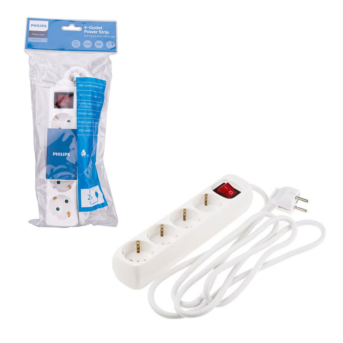 Philips SPS1040A/51 Tam Bakır Kablolu 4'Lü Çocuk Korumalı Beyaz Priz Çoklayıcı 2mt - 36110
