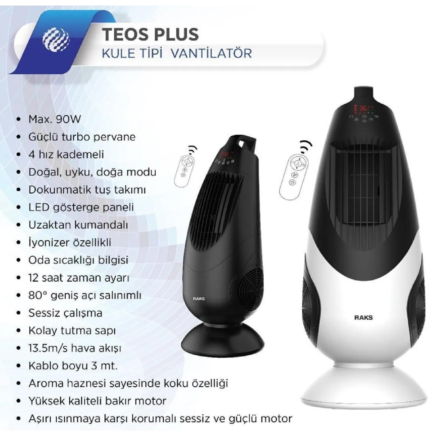 Raks Teos Plus Kule Tipi Vantilatör Siyah Beyaz - 06589