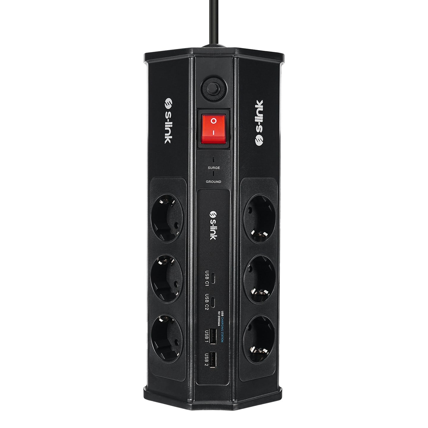 S-link PRZ03 PrizHive 3M 630 Joule 1.5mm 2 USB 2 TypeC 2.4A/5V 500V 6000V 6'Lı Akım Korumalı Priz - 42404