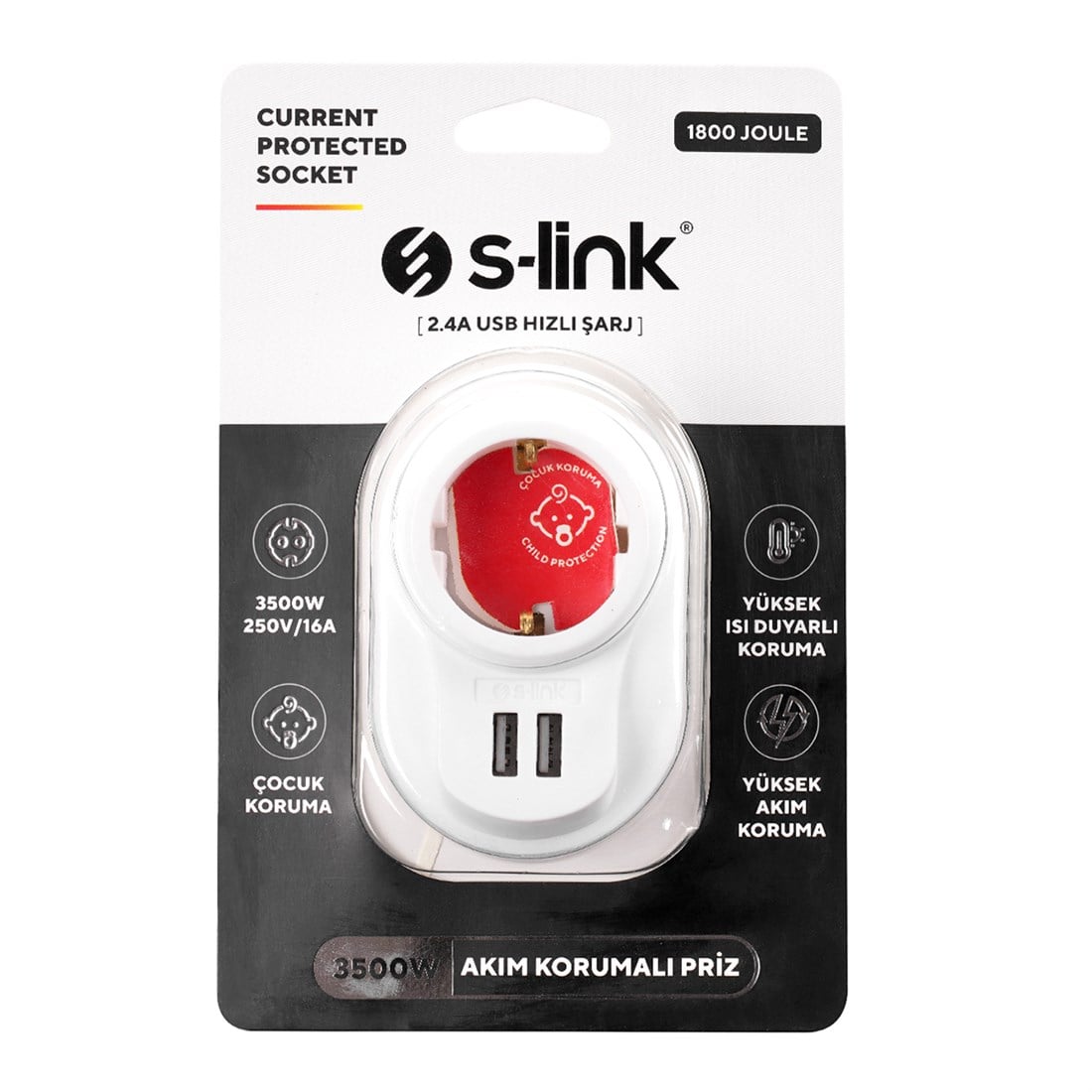 S-Link SL-09 16A 3500W 1800 Joule 2 Usb 2.4A Isıya Duyarlı Devre ve Akım Korumalı Tekli Priz - 37249