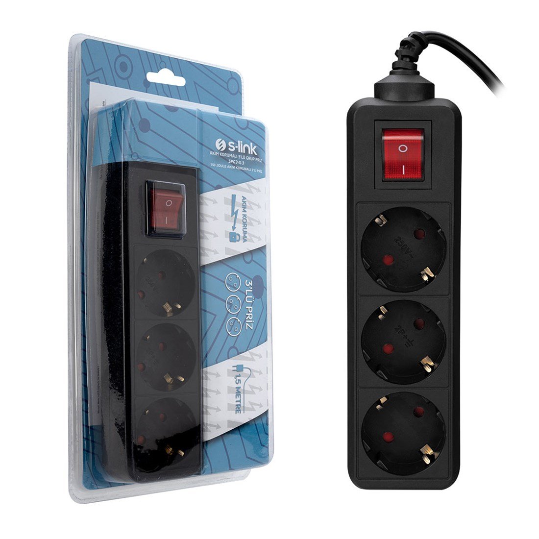 S-link SPG3-X-3 1.5m 3Lü Akım Kor.Kutu Siyah Priz 34573