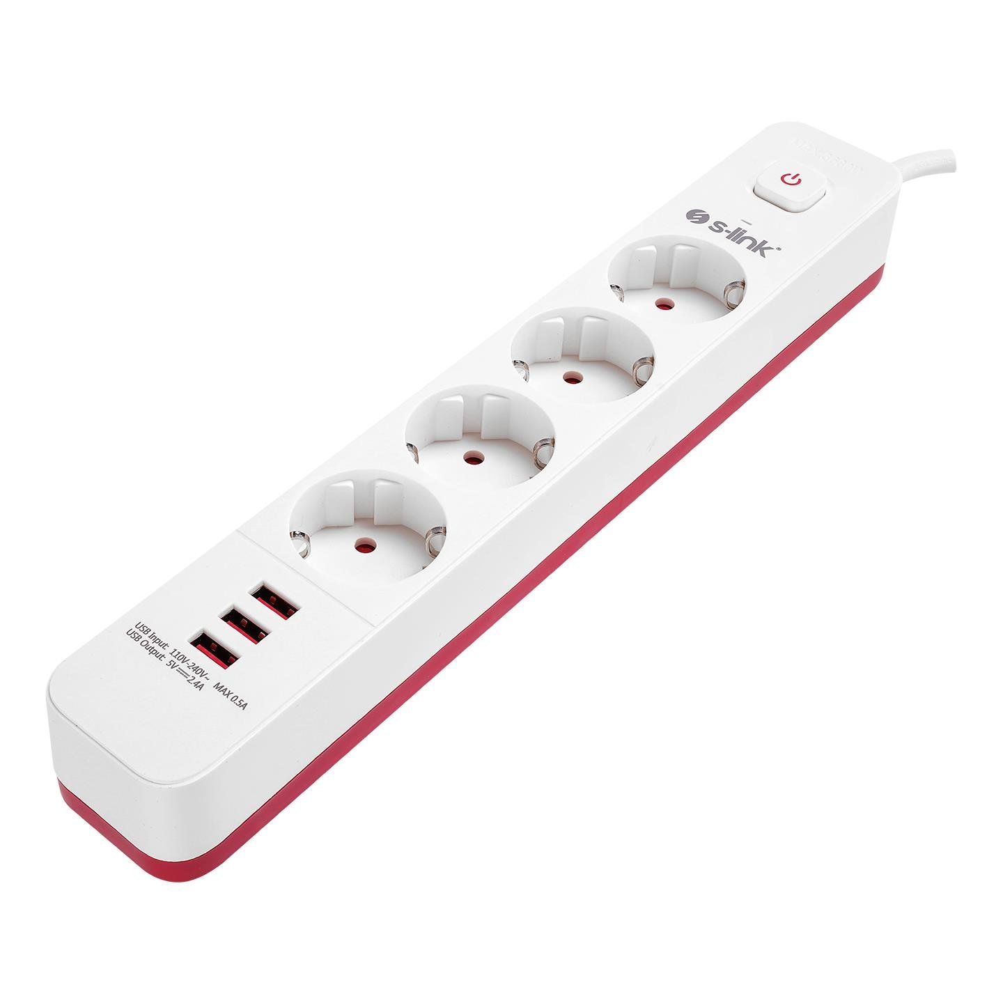 S-link SPG403U 1.5m 1.5mm 100% Bakır 750 Joule 3 Usb 5V2.4A 4lü Anahtarlı Akım Korumalı Priz - 16637