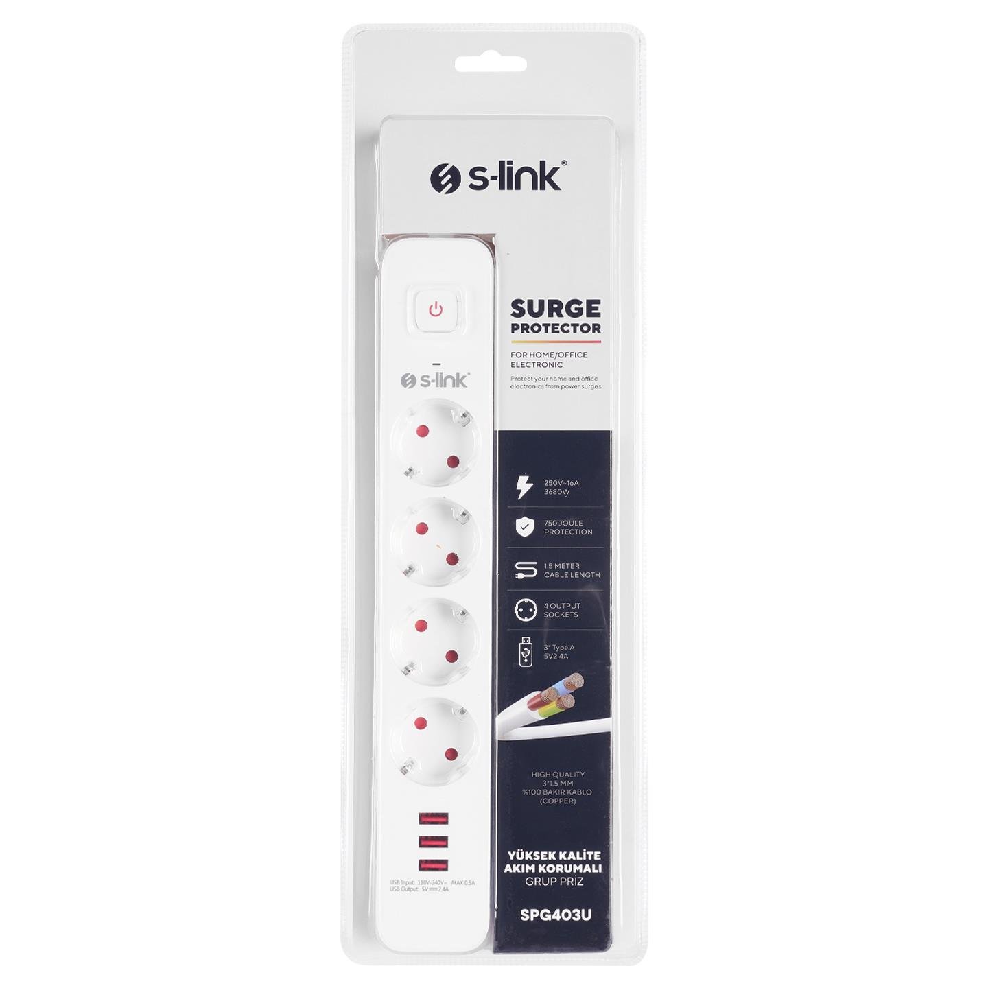 S-link SPG403U 1.5m 1.5mm 100% Bakır 750 Joule 3 Usb 5V2.4A 4lü Anahtarlı Akım Korumalı Priz - 16637