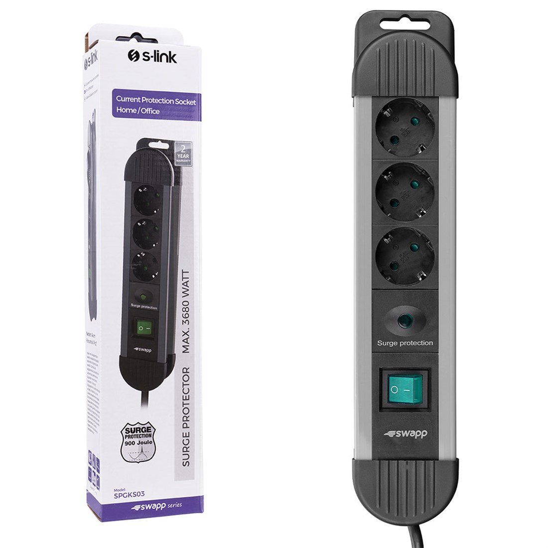 S-link Swapp SPGKS03 1.5m 3G1.5mm2 900 Joule 3Lü Akım Kor. Gri Priz Çoklayıcı 17385