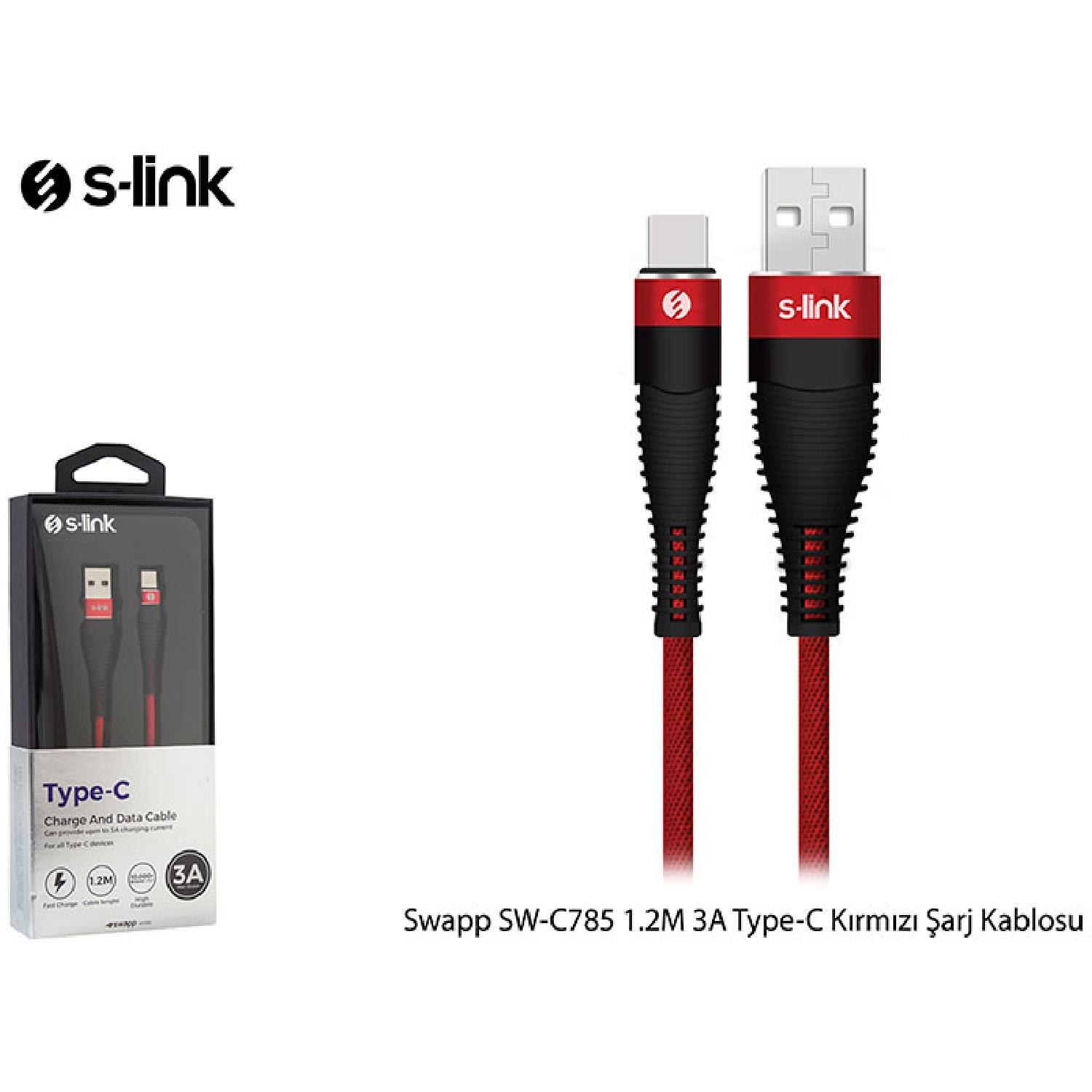 S-link Swapp SW-C785 1.2M 3A Type-C Kırmızı Şarj Kablosu - 31543