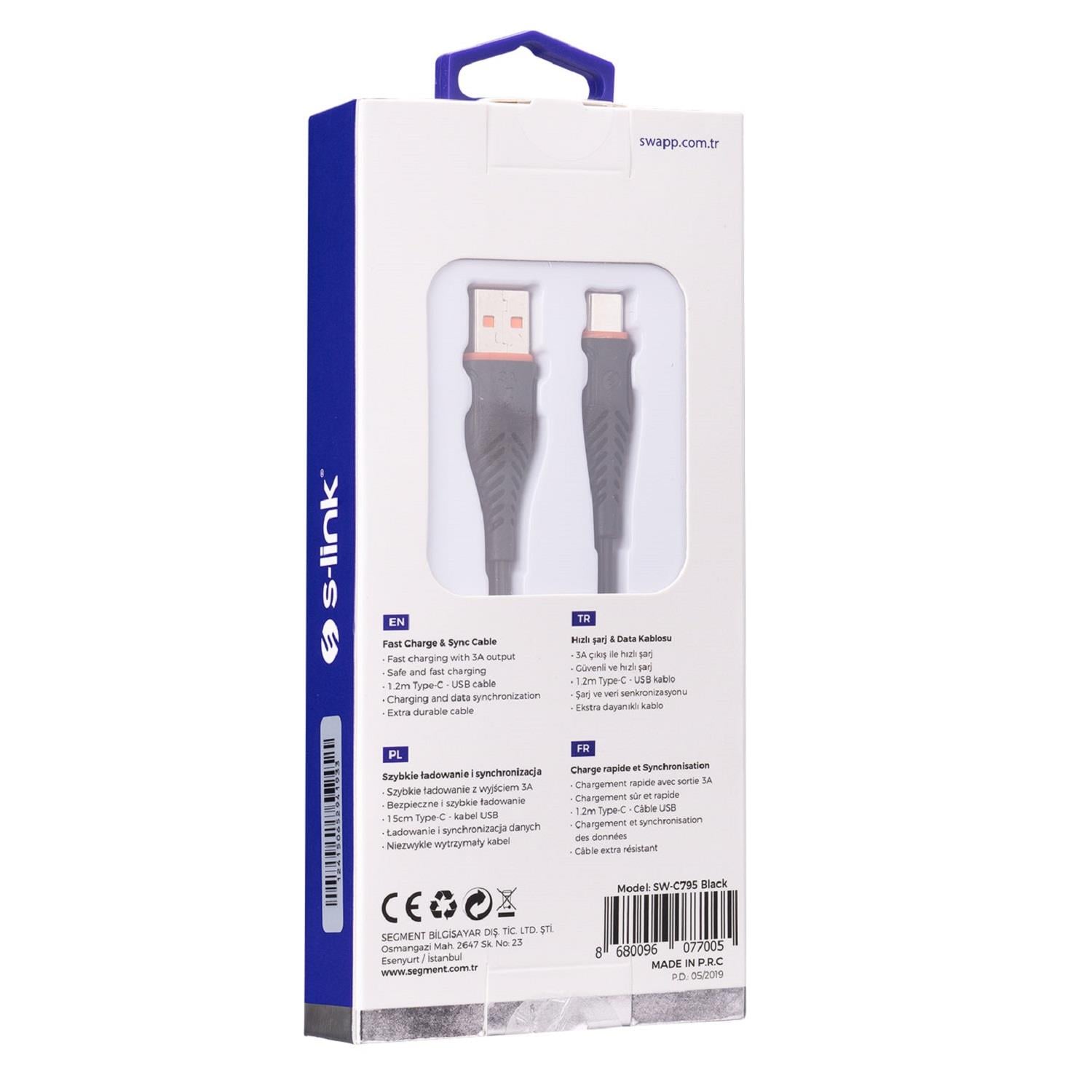 S-link Swapp SW-C795 1.2M 3A Type-C Siyah Şarj Kablosu - 31551
