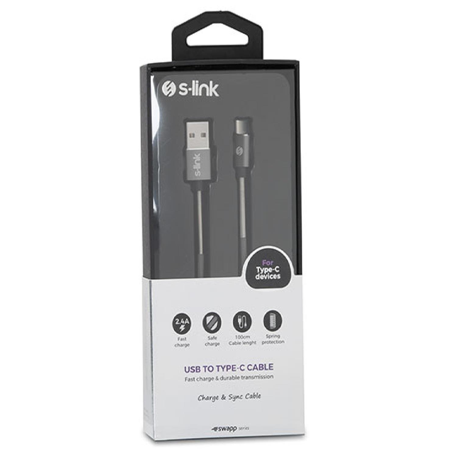 S-link Swapp SW-KC73MG 1m 2.4A Type-C Kılıflı Gri Data + Şarj Kablosu - 29246