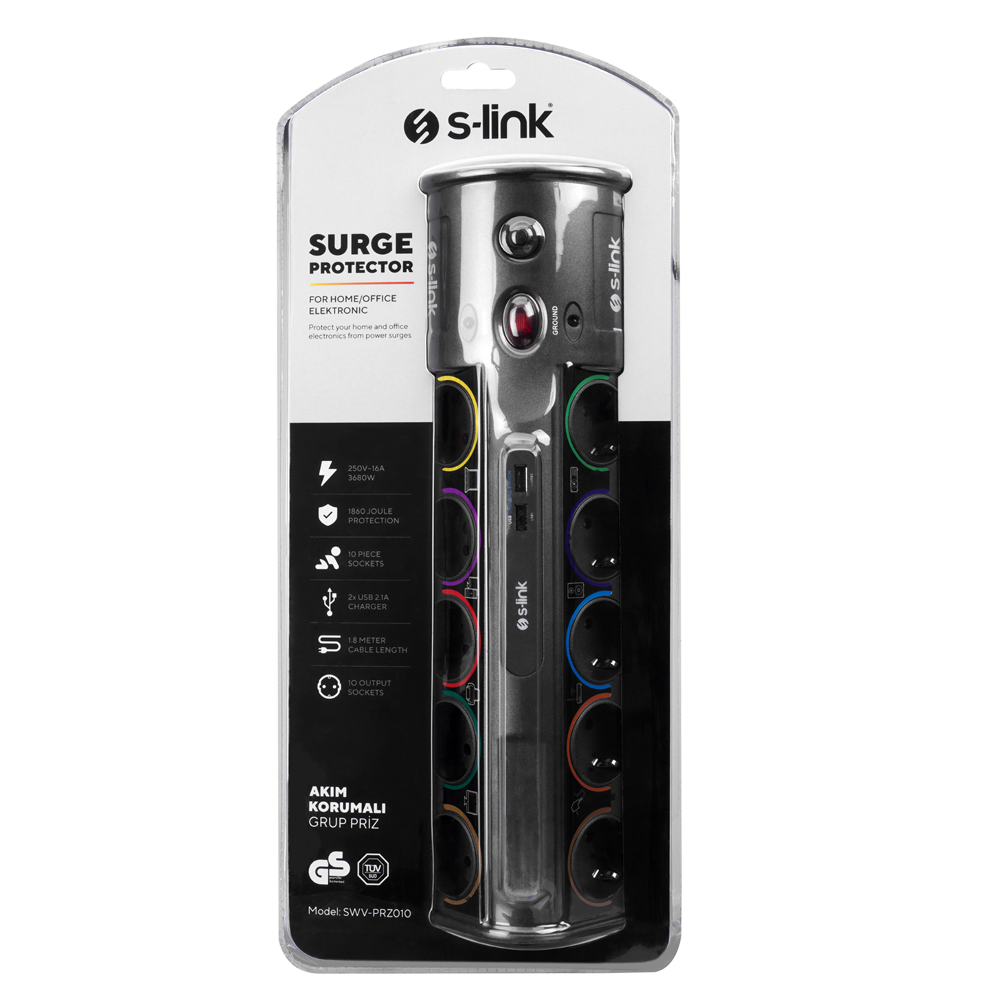 S-Link SWV-PRZ010 Akım Korumalı Priz Usb Giriş 1.8mt 10'Lu - 37071