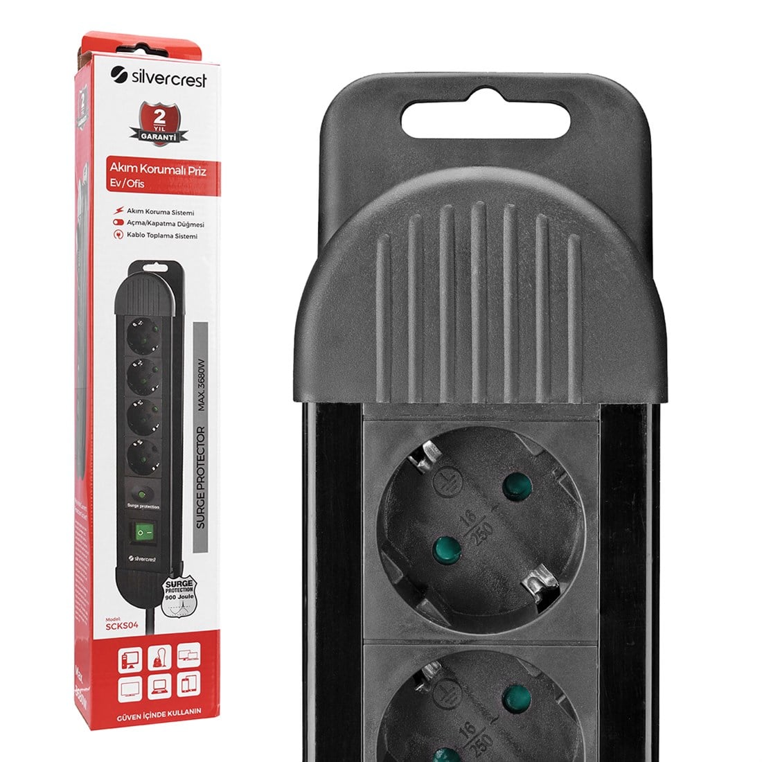 Silver Crest SCKS04 1.5m 3G1.5mm2 900 Joule 4Lü Akım Kor. Gri Priz Çoklayıcı - 29046