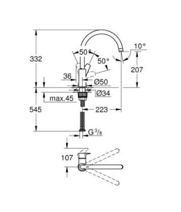 Grohe Bauedge Tek Kumandalı Eviye Bataryası C Çıkış Ucu Krom