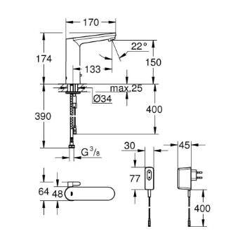 Grohe Eurosmart Cosmopolitan E Fotoselli Lavabo Bataryası, Çift Su Girişli, Ayarlanabilir Sıcaklık Sınırlayıcısı