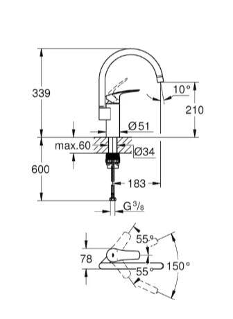 Grohe Eurosmart Kuğu Borulu Eviye Bataryası