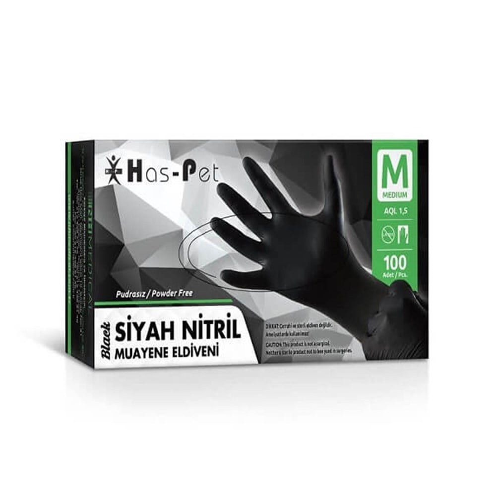 Has-Pet Muayene Eldiveni Lateks Pudrasız 50 Adet Siyah - Medium