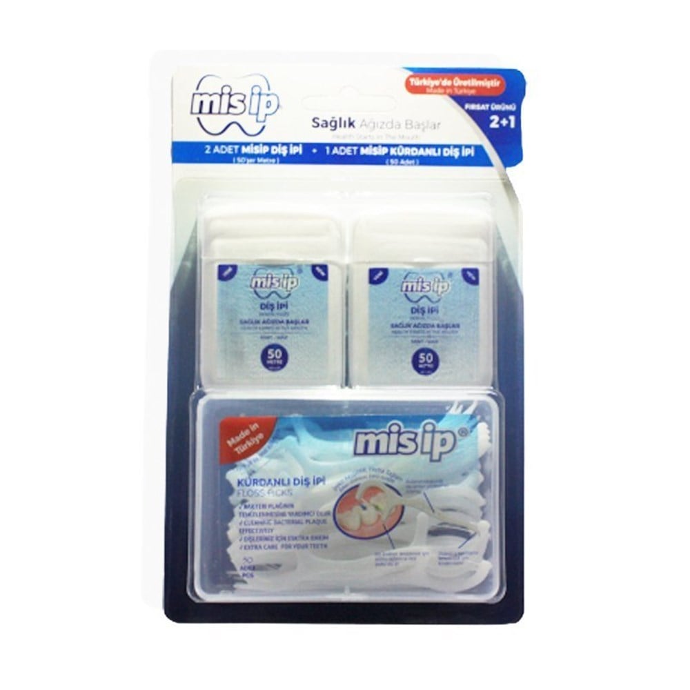 Mis İp Diş İpi 50m x 2 ve Kürdanlı Diş İpi 50 Adet Set 