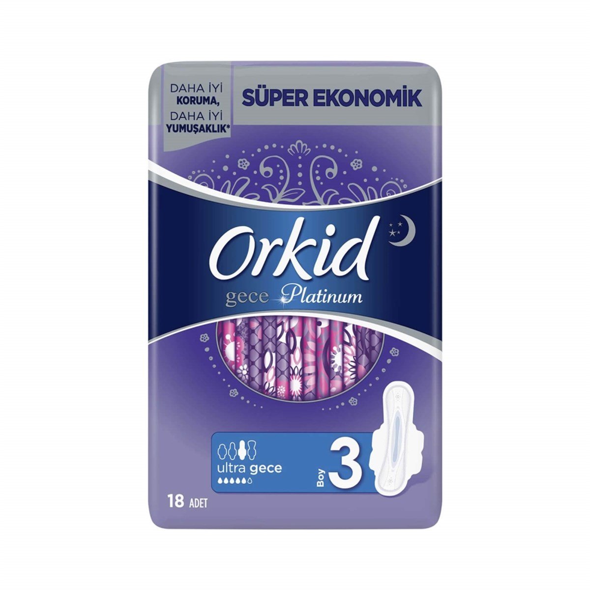 Orkid Platinum Hijyenik Ped Gece Süper Ekonomik Paket 18 Ped