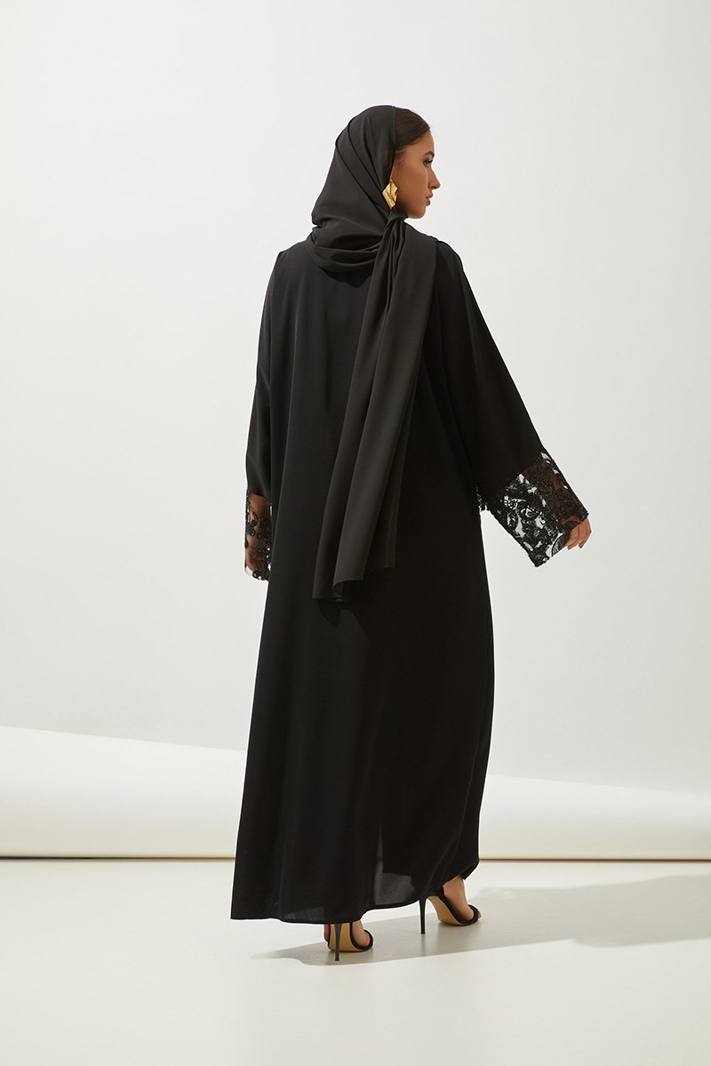 LACE DETAILS ABAYA-BLACK