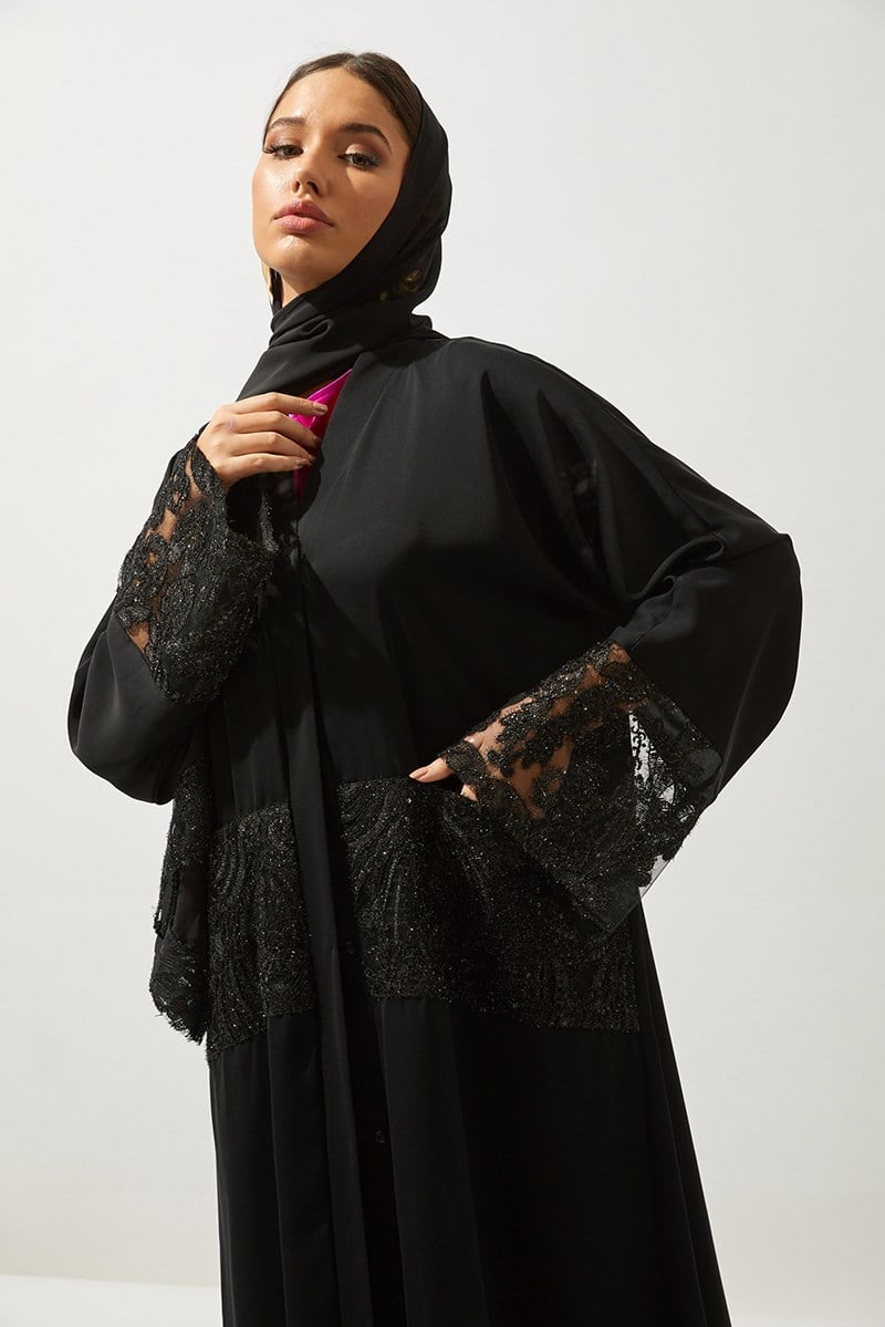 LACE DETAILS ABAYA-BLACK