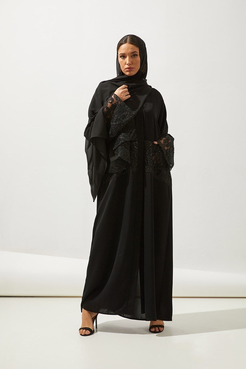 LACE DETAILS ABAYA-BLACK