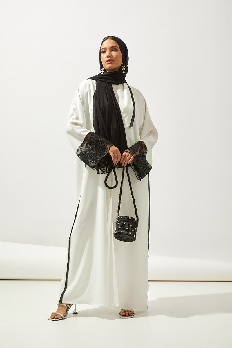 LACE ORGANZA DETAIL ABAYA -WHİTE