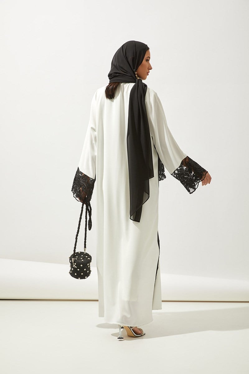 LACE ORGANZA DETAIL ABAYA -WHİTE