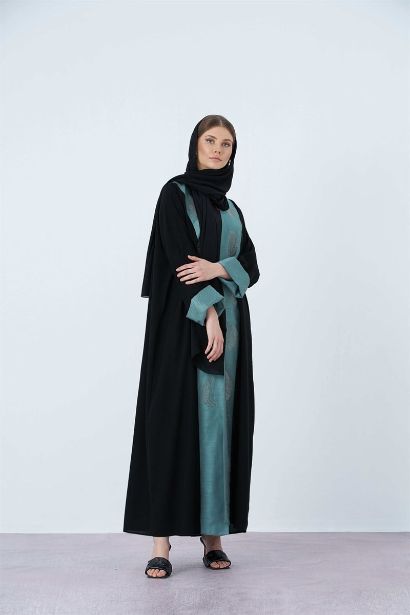 PALMİYE TAŞ DETAYLI ABAYA- YEŞİL