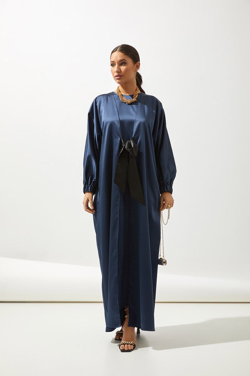 SATIN BOW ABAYA-NAVY BLUE
