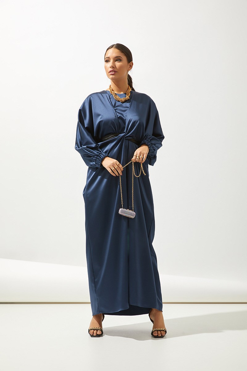 SATIN BOW ABAYA-NAVY BLUE