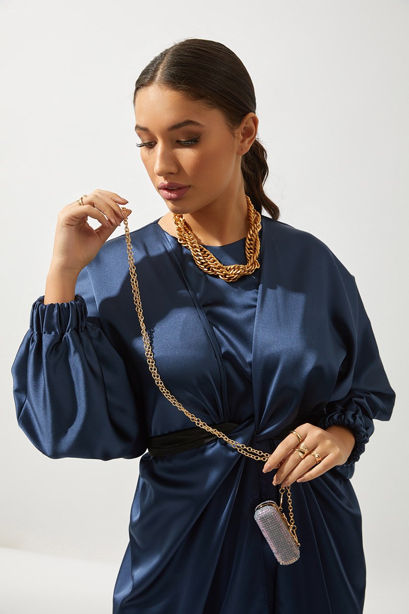 SATIN BOW ABAYA-NAVY BLUE