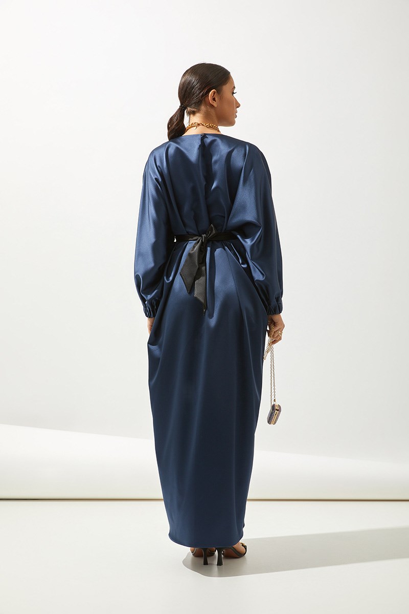 SATIN BOW ABAYA-NAVY BLUE