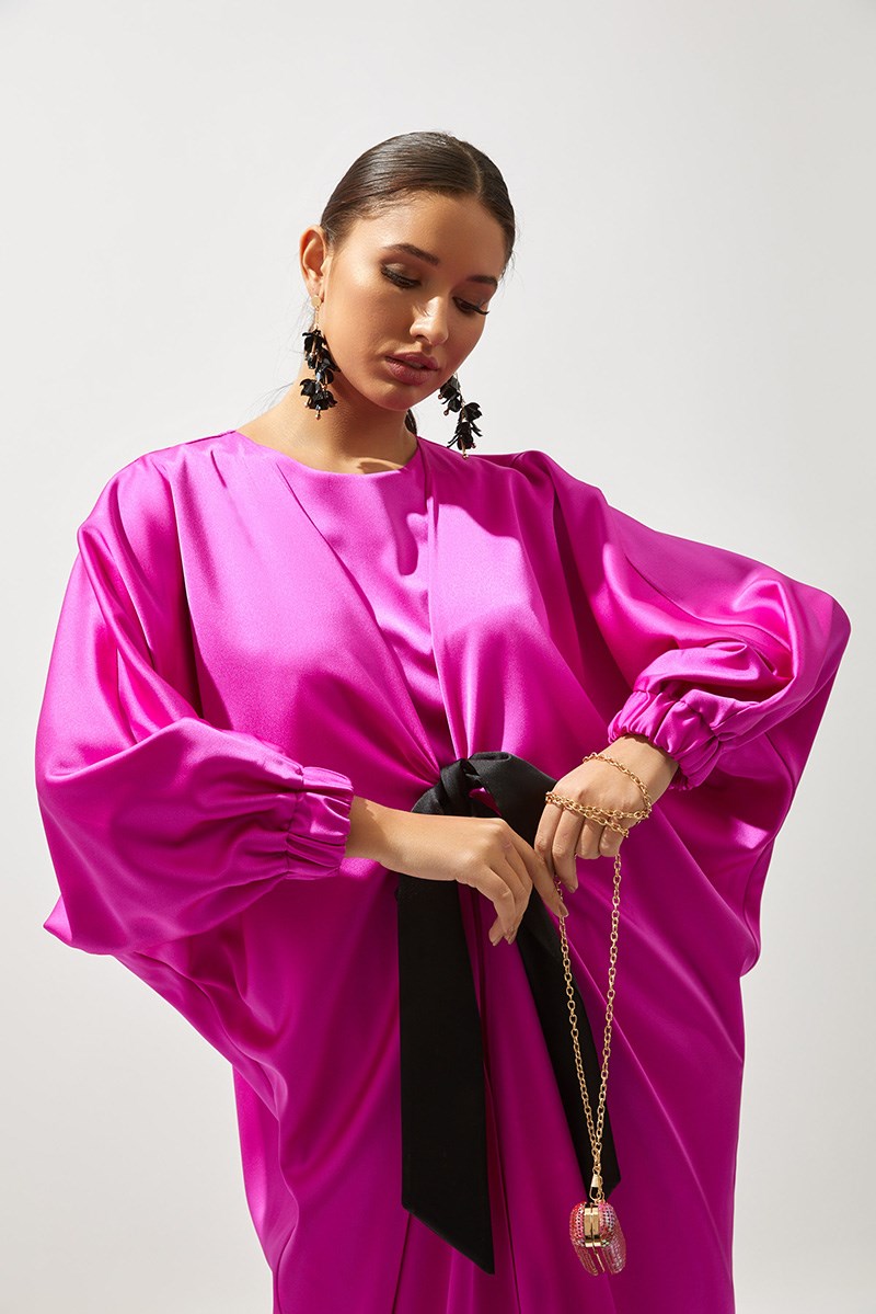 SATIN BOW ABAYA - PINK